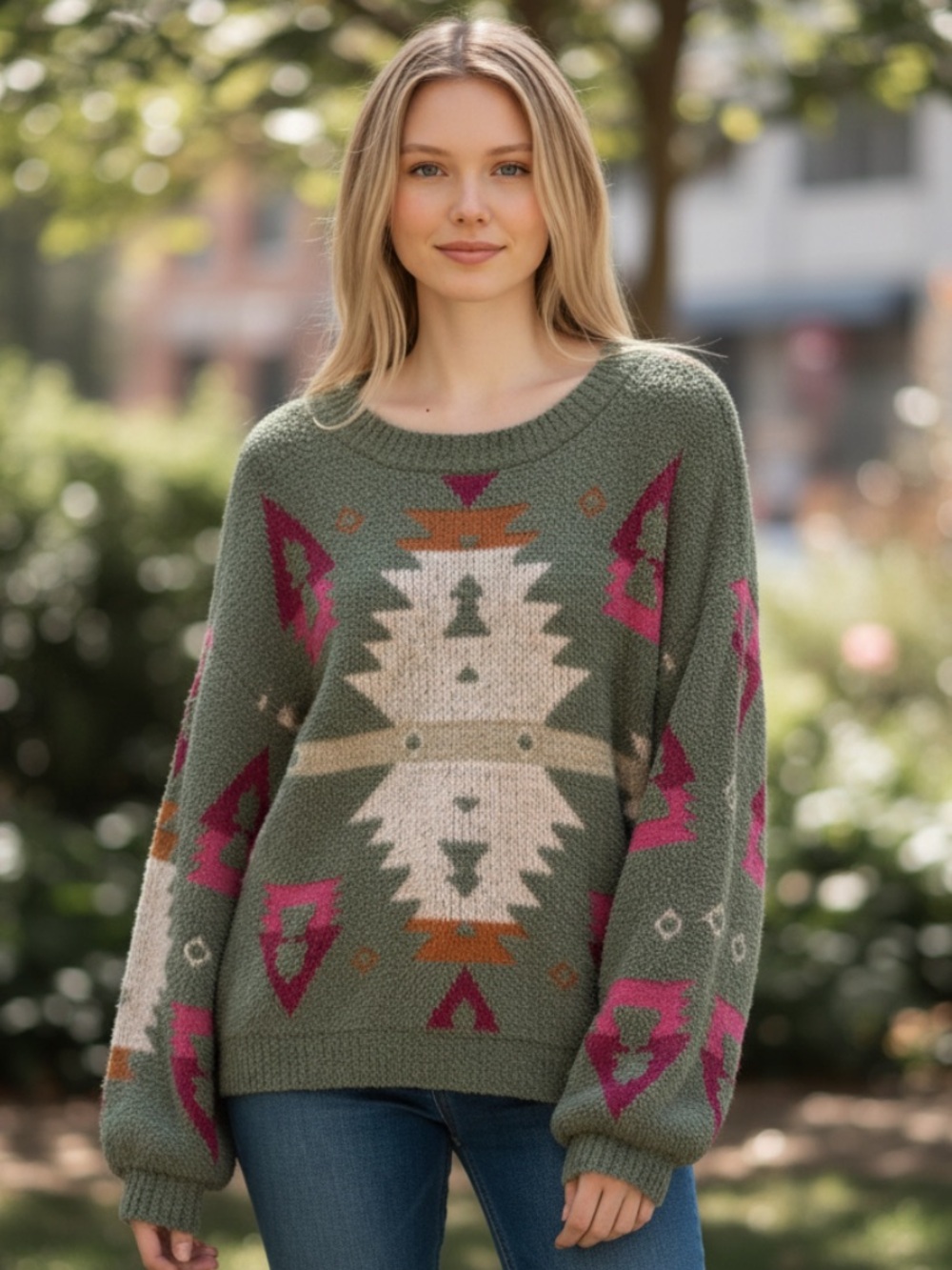 Harper Heritage Olive & Pink Aztec Cozy Pullover Sweater